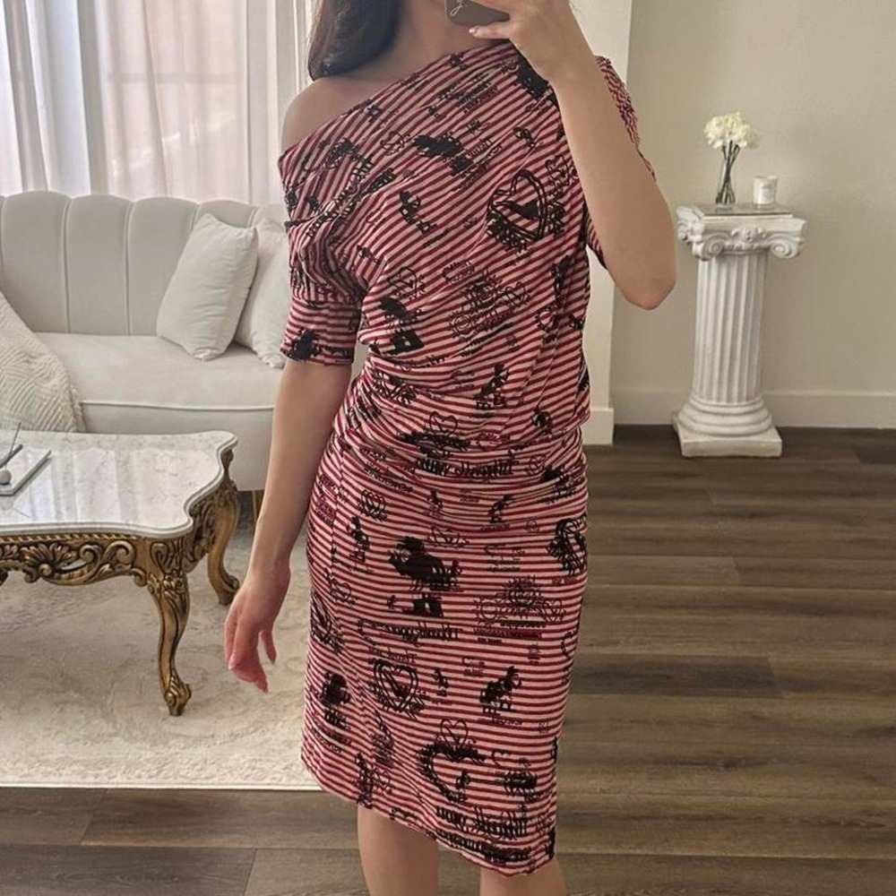 Vivienne Westwood M Anglomania Red Draped Stripe Scribble Dress